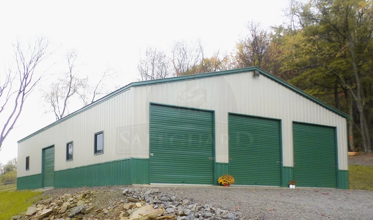 Metal Garage with Green doors